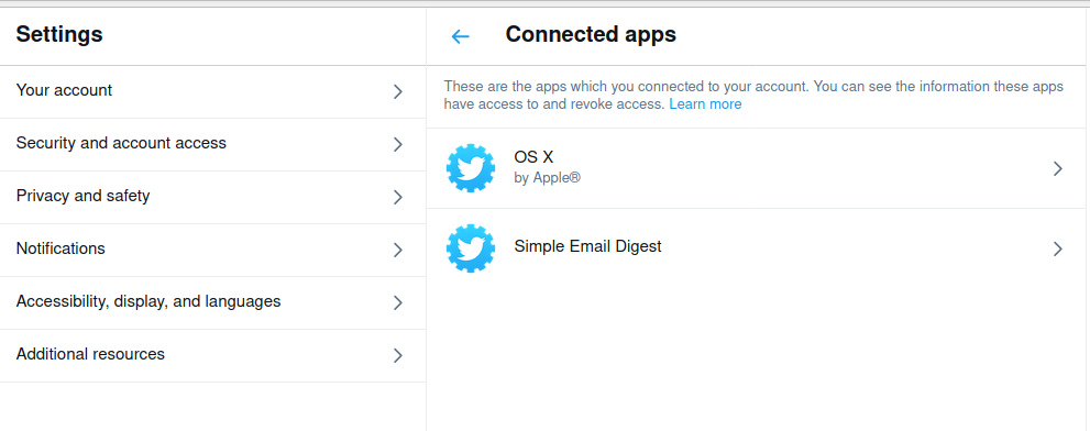 Screenshot of connected apps settings